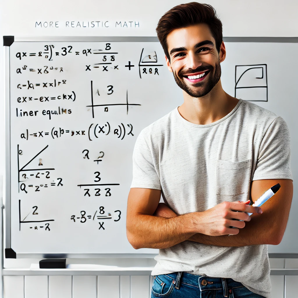 DALL·E 2024 09 24 17.39.07 A fun and casual math tutor standing in front of a whiteboard with a white background. The tutor has a warm smile wearing a casual outfit like a T sh Home
